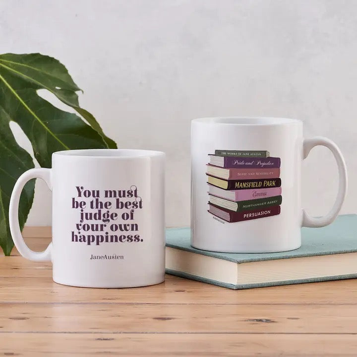 Jane Austen Book Stack Mug. "Happiness" Quote