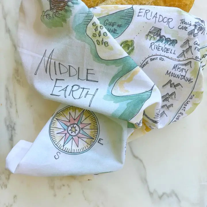 Paño de cocina con mapa de la historia de Orgullo y prejuicio