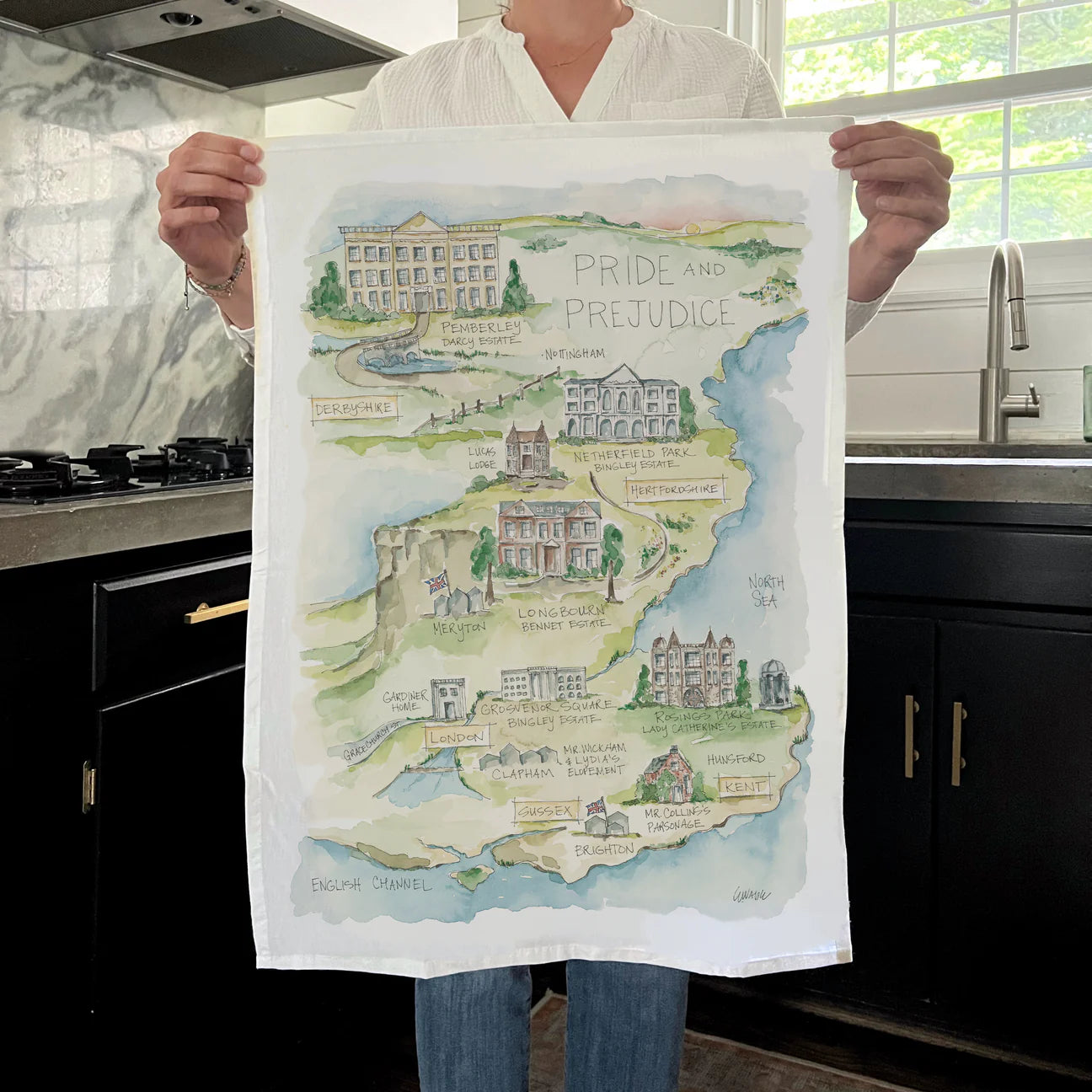 Paño de cocina con mapa de la historia de Orgullo y prejuicio
