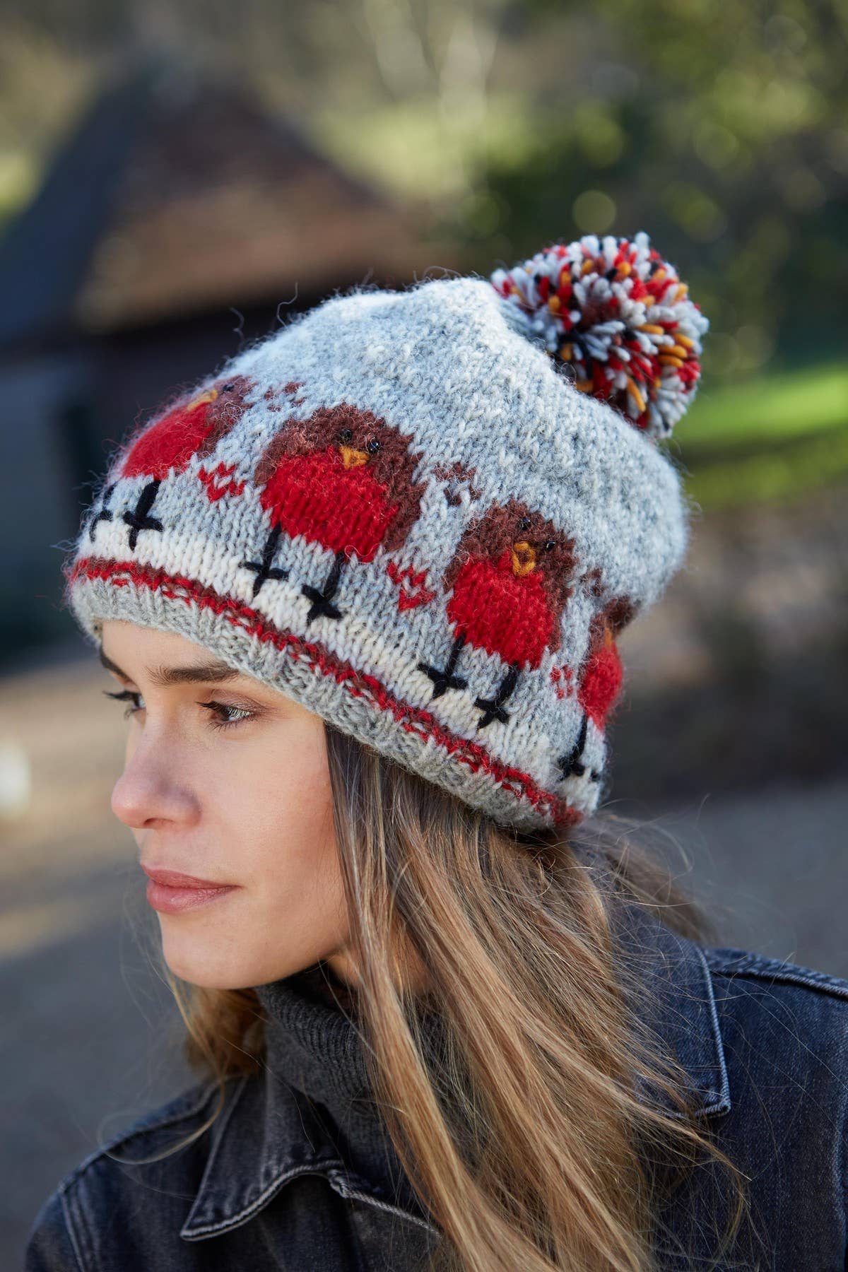 Christmas Robin Knit Bobble Hat Festive Red Wool