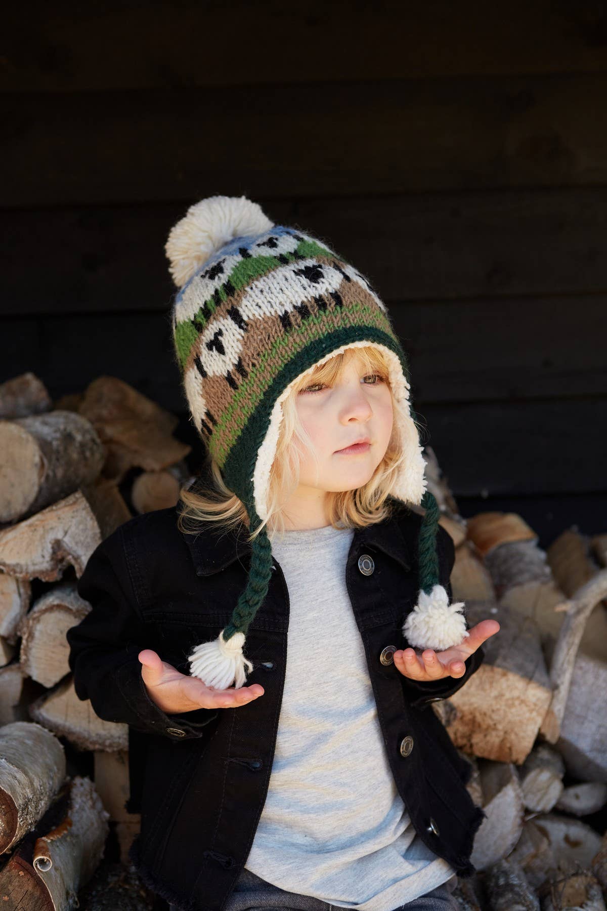 Kids Snowy Sheep Wool Chullo Hand Knit Sherpa Fleece