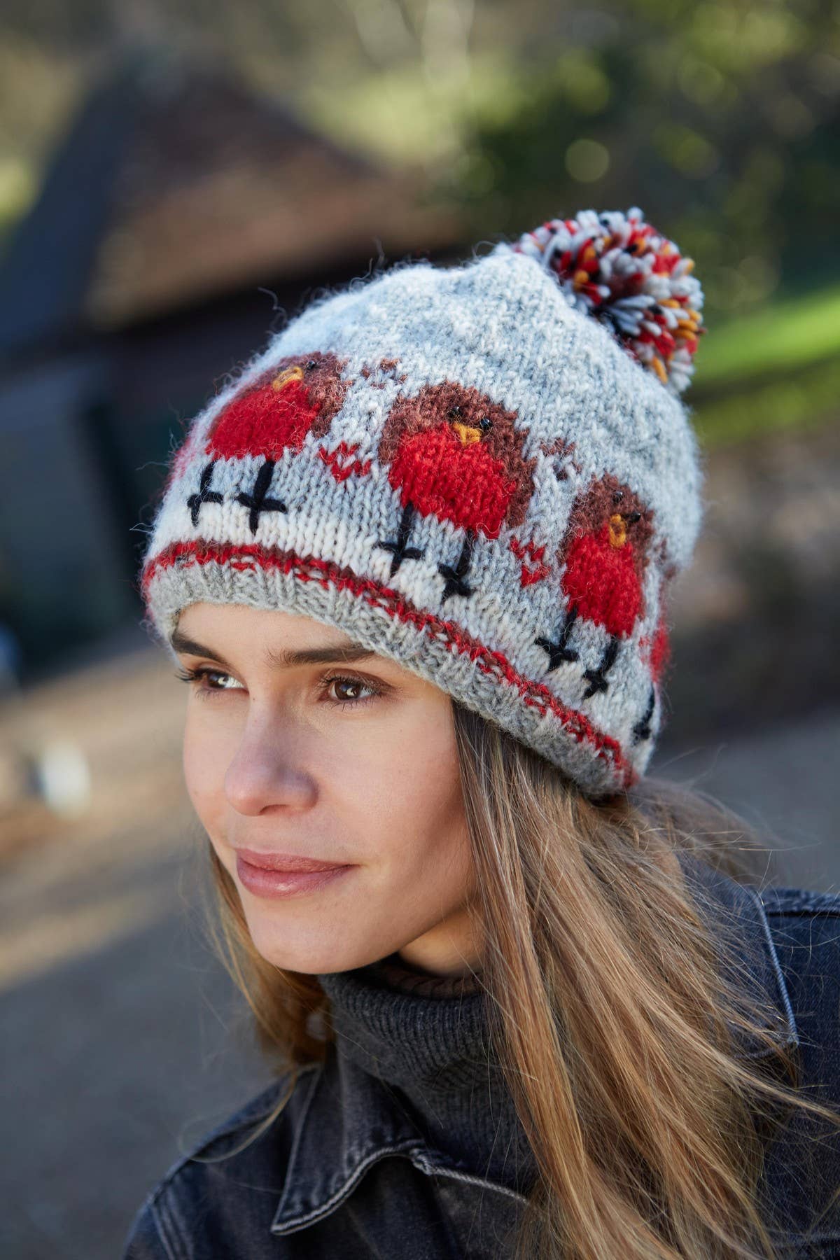 Christmas Robin Knit Bobble Hat Festive Red Wool