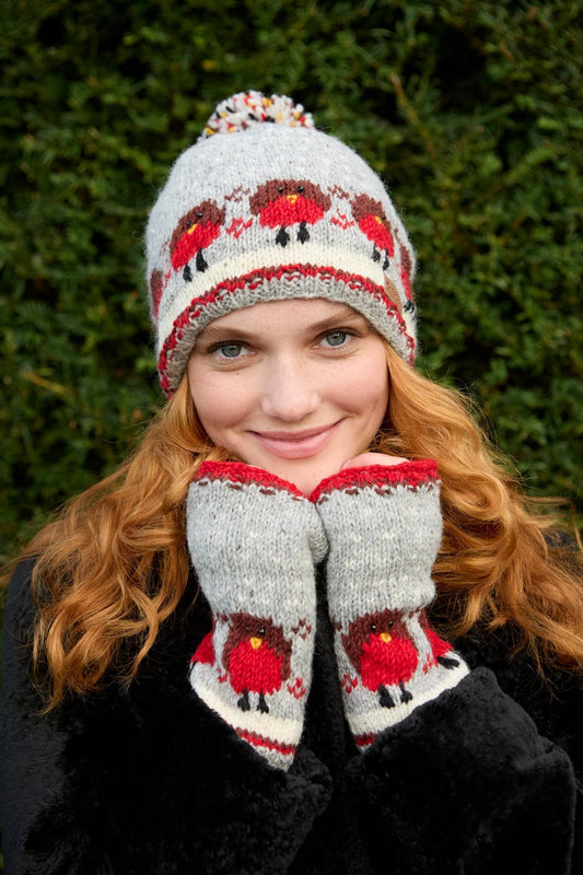Christmas Robin Knit Fingerless Gloves Festive Red Wool